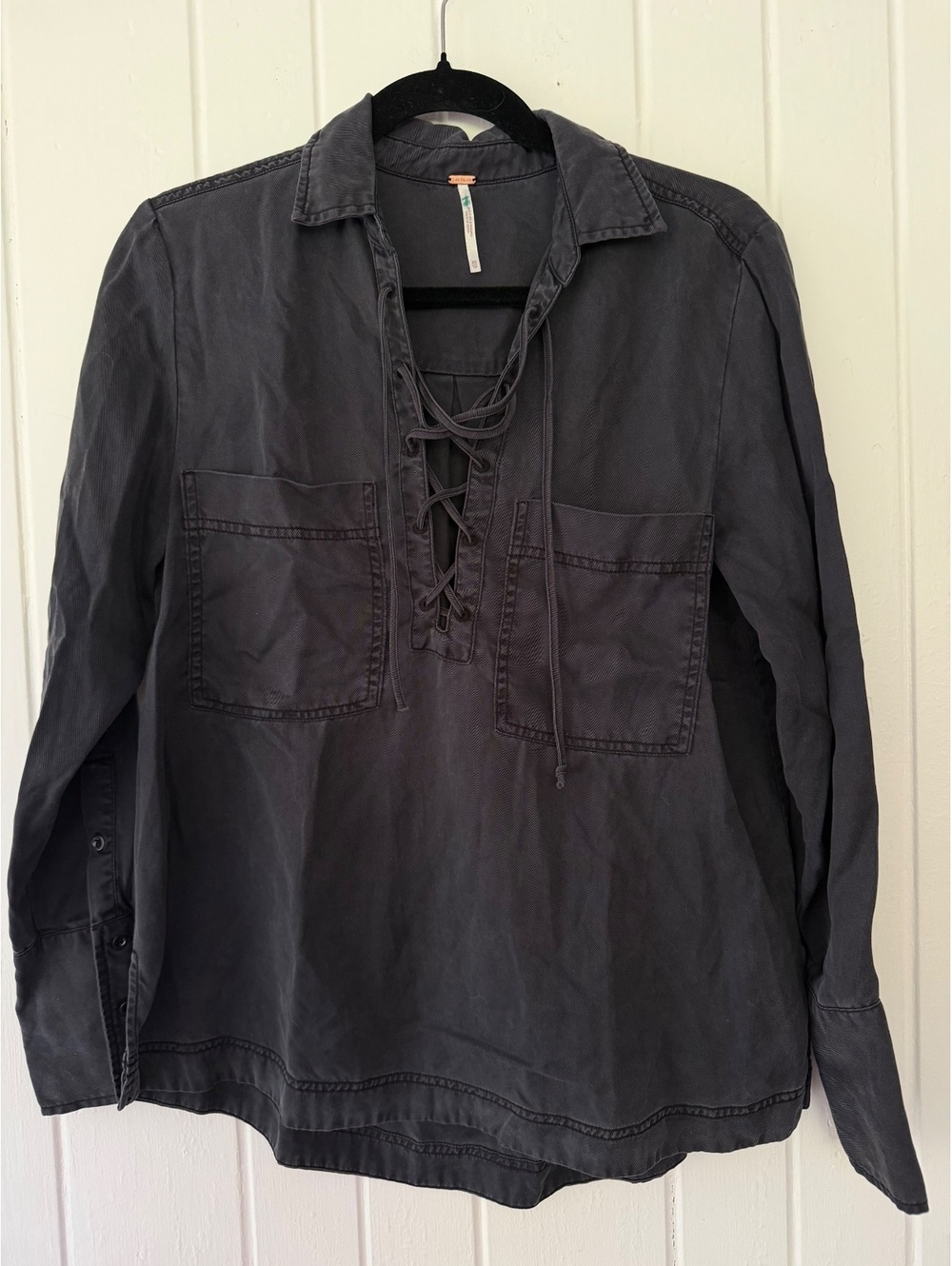 Free People washed Black Long Sleeve Lace-Up Front Tencel Shirt, Size XS
